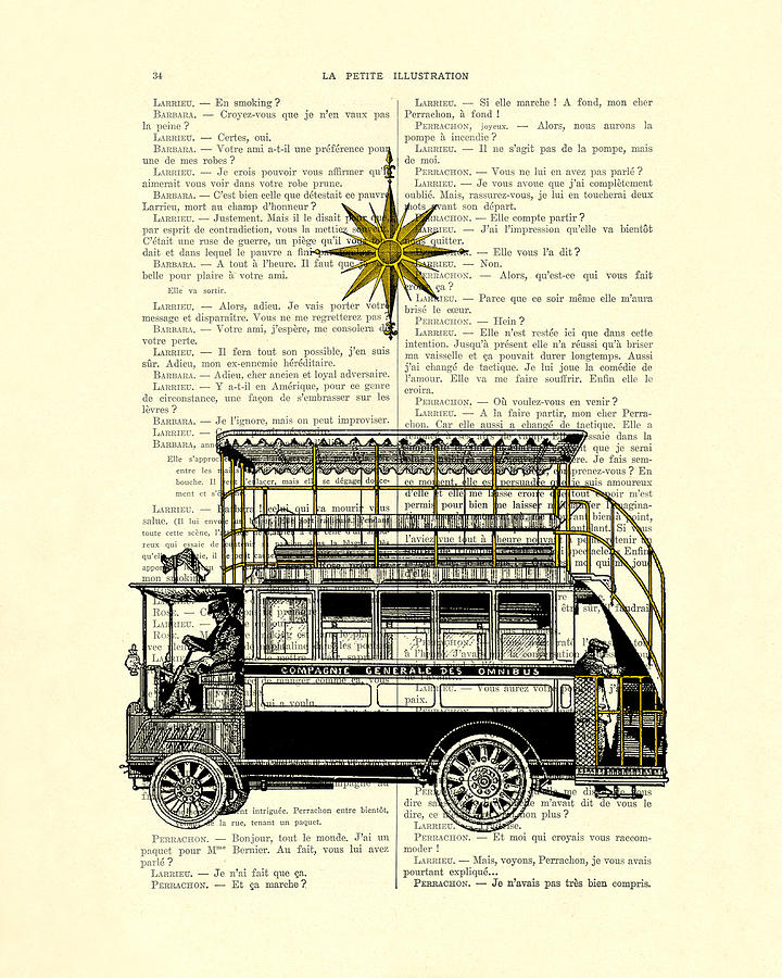 Vintage Digital Art - Double-decker bus vintage illustration dictioanry art by Madame Memento