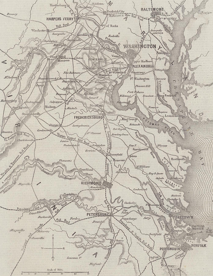 Antique Civil War map showing the Seat of War in Virginia Drawing by ...