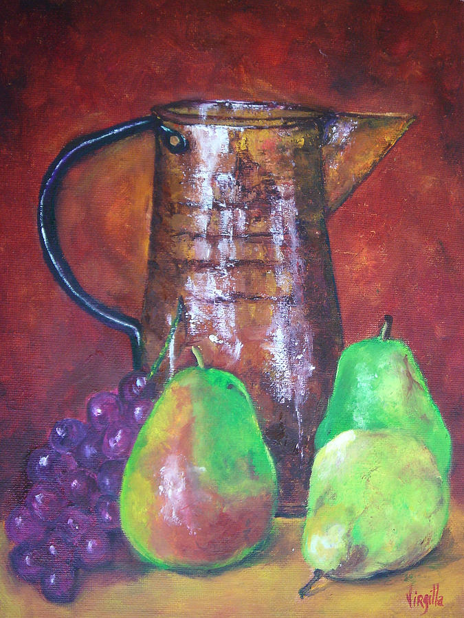 Pear Painting - Antique Coffee Pot with grapes and Pears by Virgilla Lammons