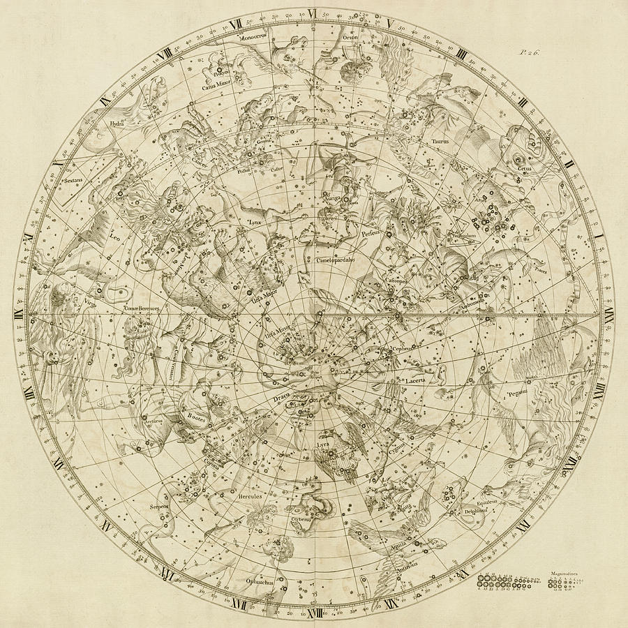 Antique Constellation Map - Northern Hemisphere - by John Flamsteed - 1729 Drawing by Blue Monocle