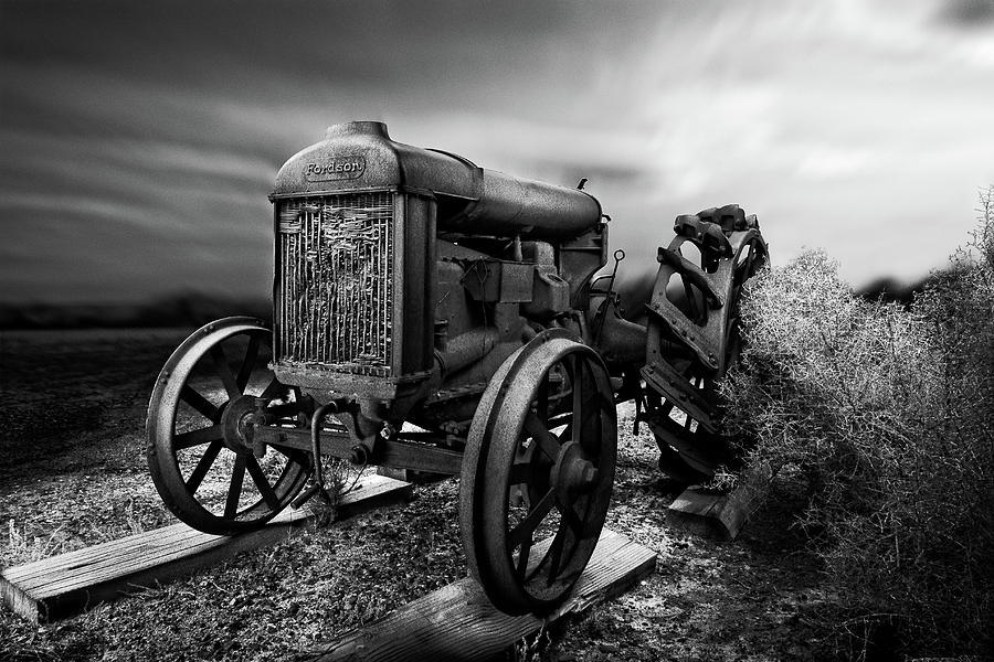 Black And White Photograph - Antique Fordson F Tractor Sunrise Sky in BW by YoPedro