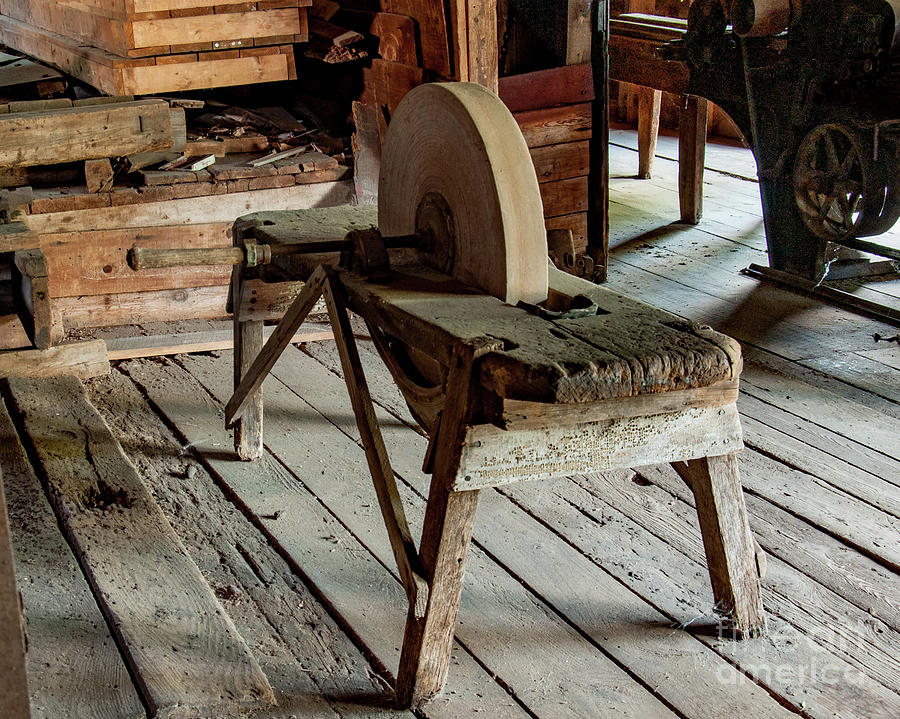 Antique Sharpening Wheel Standing on Wood Base, France, circa 1900