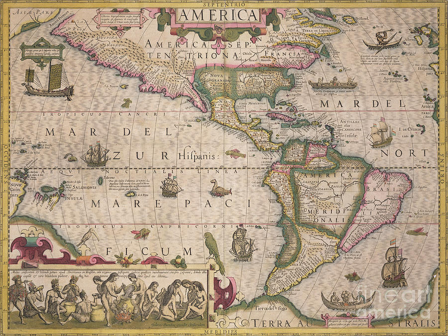 Map Drawing - Antique Map of America by Jodocus Hondius