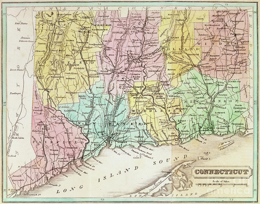 Map Drawing - Antique Map of Connecticut by American School