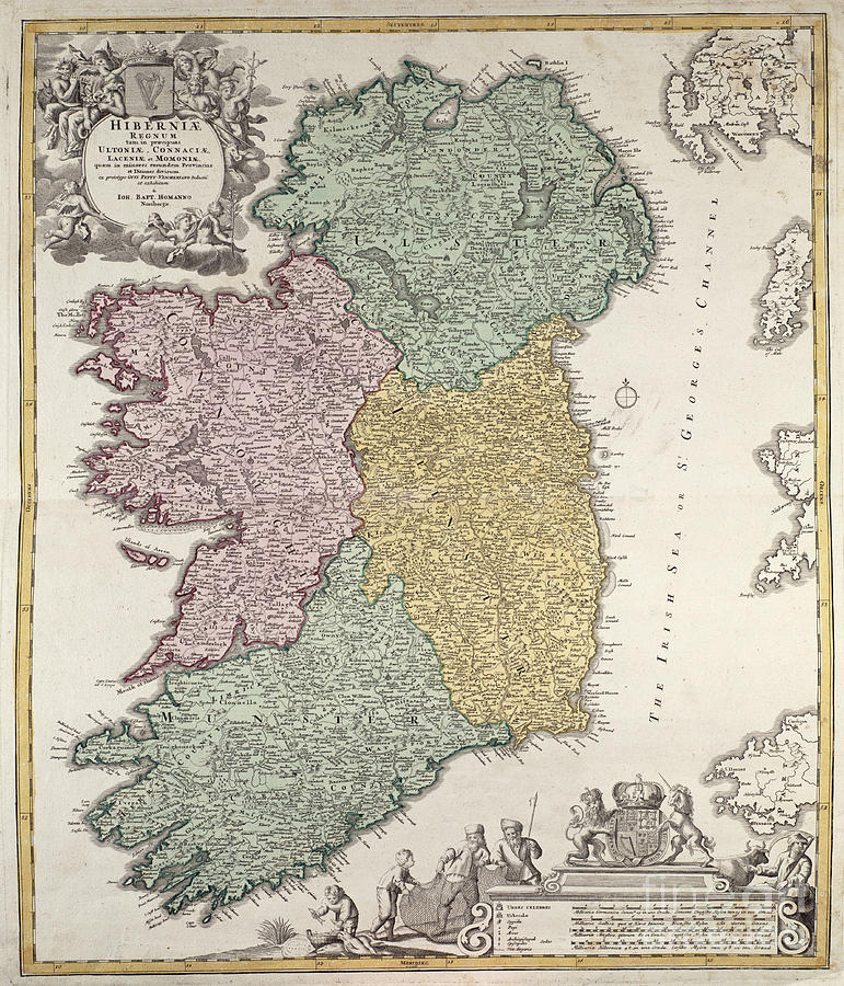 Antique Map of Ireland showing the Provinces Drawing by Johann Baptist Homann