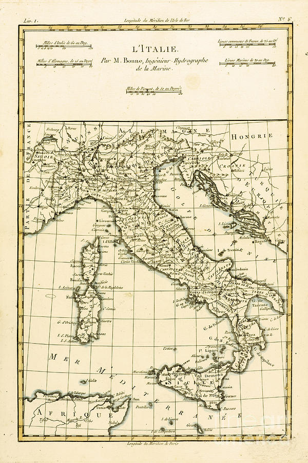 Antique Map of Italy Drawing by Guillaume Raynal