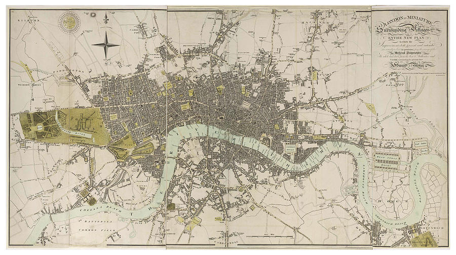 Map Drawing - Antique Map of London - Old Cartographic maps - London in Miniature, 1807 by Edward Mogg by Studio Grafiikka