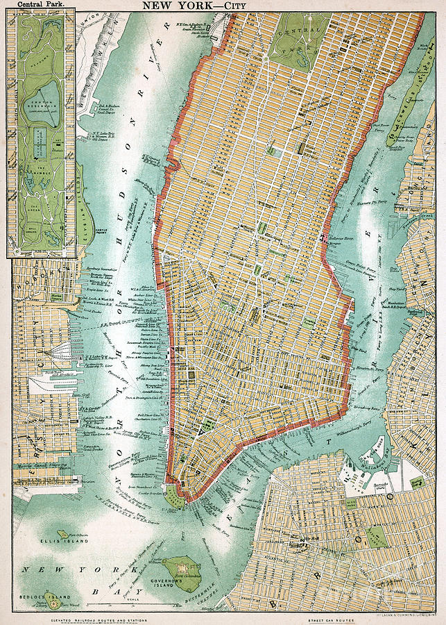 New York City Drawing - Antique Map of Lower Manhattan and Central Park by American School