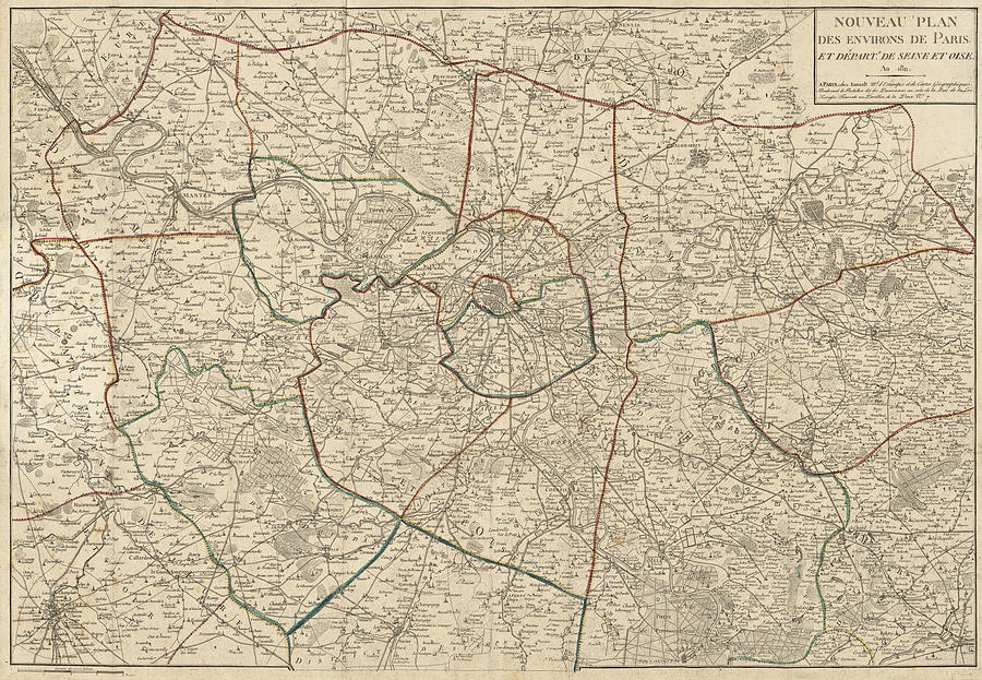 Paris Drawing - Antique Map of Paris France and Surroundings by Jacques Esnauts - 1811 by Blue Monocle