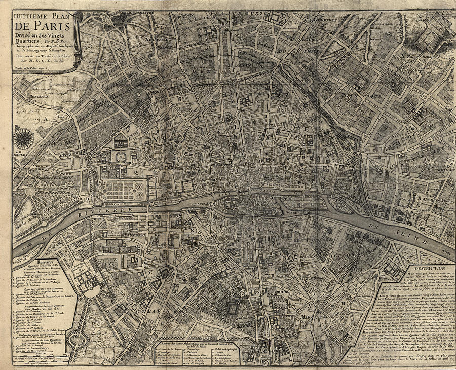 Paris Drawing - Antique Map of Paris France by Nicolas De Fer - 1705 by Blue Monocle
