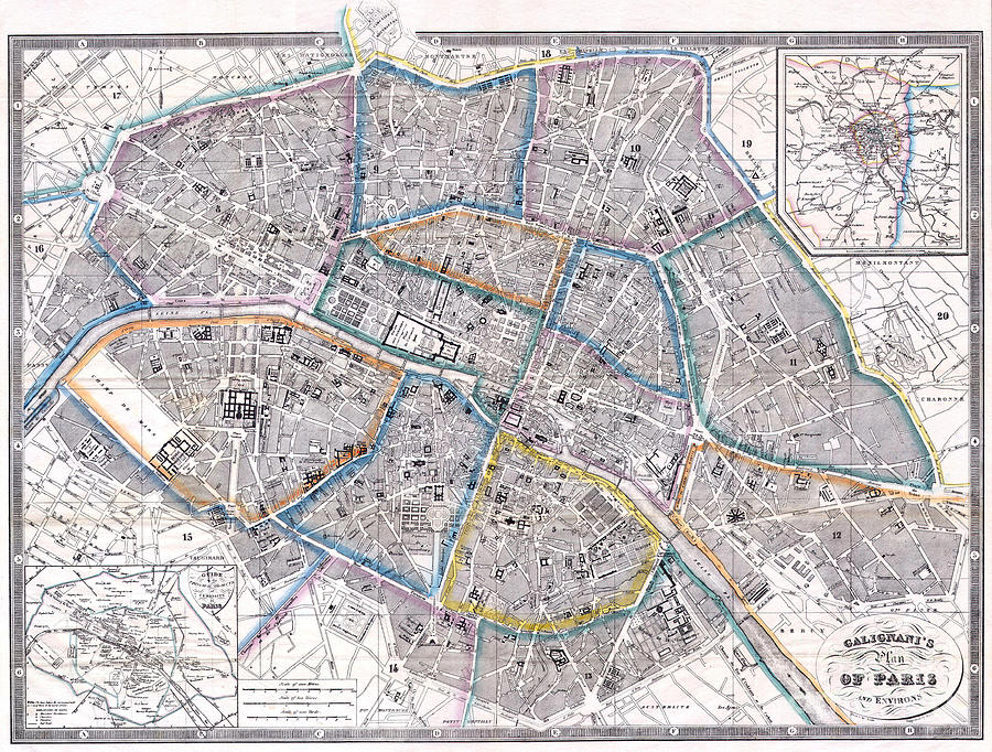 Antique Map of Paris Drawing by Giovanni Antonio Galignani