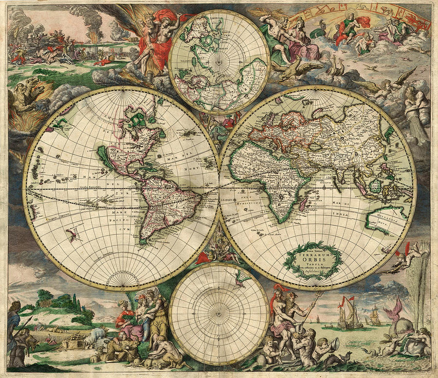 Antique Map Of The World - 1689 Painting by Marianna Mills