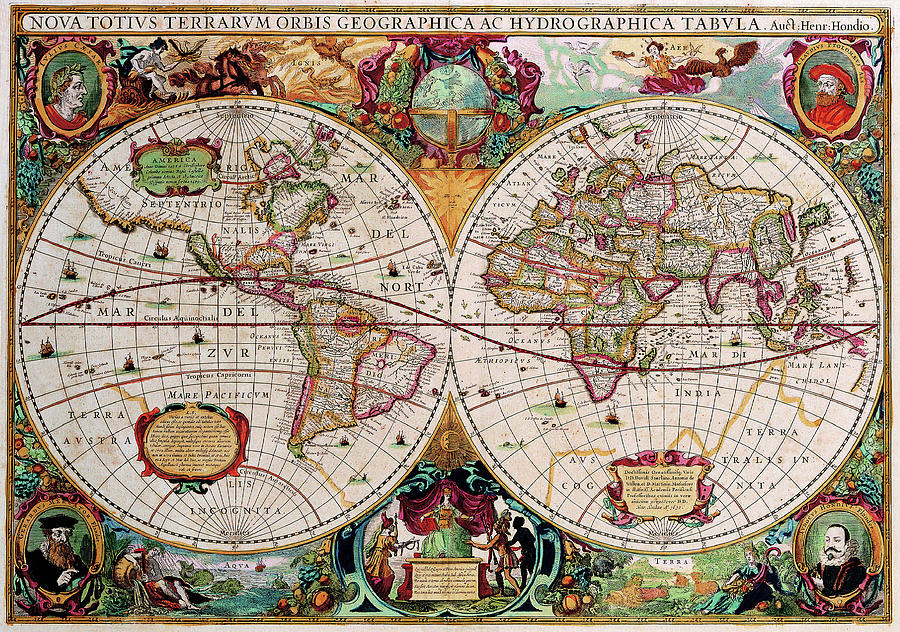 Antique Map of the World - Double Hemisphere Drawing by Peggy Collins