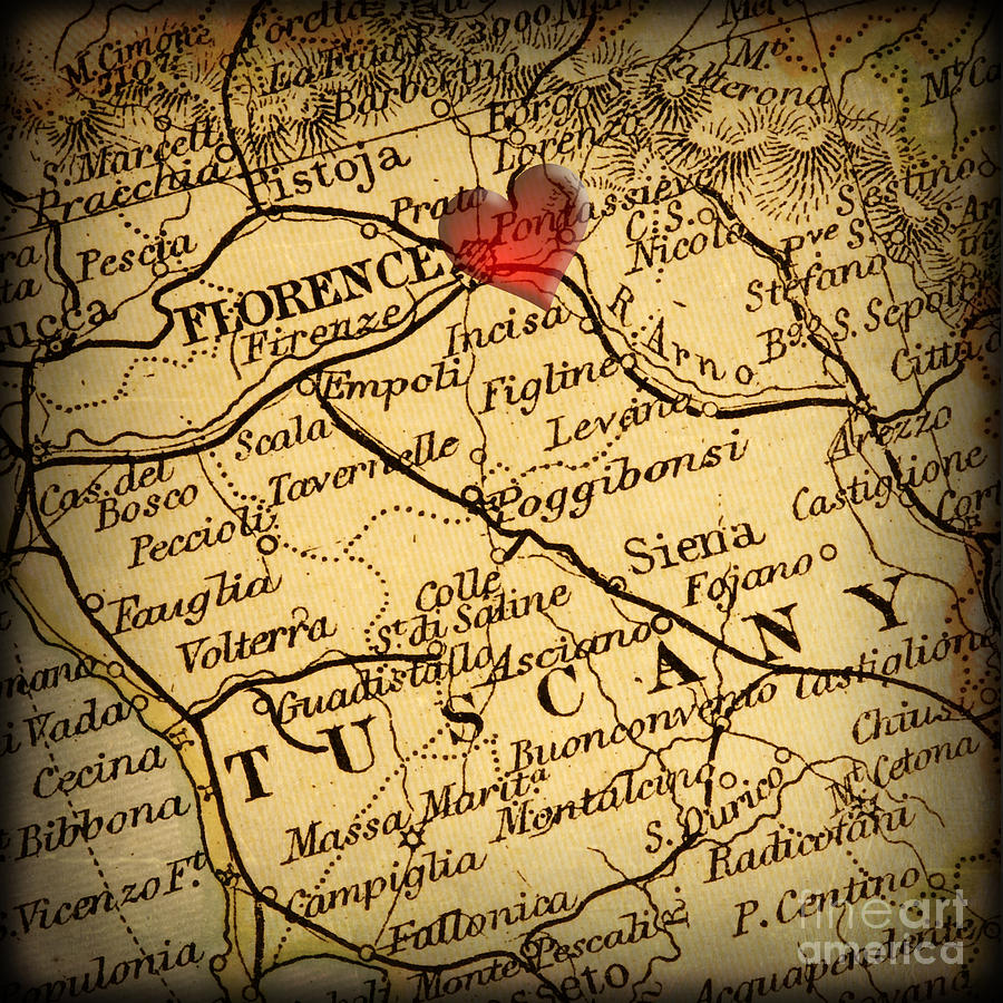 Vintage Photograph - Antique Map with a Heart over the city of Florence in Italy by ELITE IMAGE photography By Chad McDermott