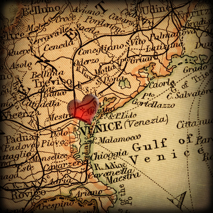 Antique Map with a Heart over the city of Venice in Italy Photograph by ELITE IMAGE photography By Chad McDermott