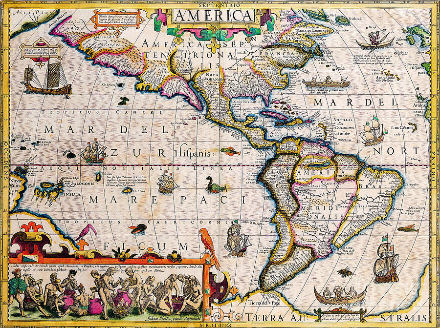 Antique Maps of the World Maps The Americas Jodocus Hondius c 1619 Painting by Vintage Collectables