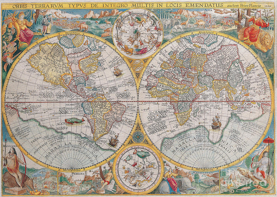 Antique Maps of the World Petrus Plancius c 1599 Digital Art by Vintage Collectables