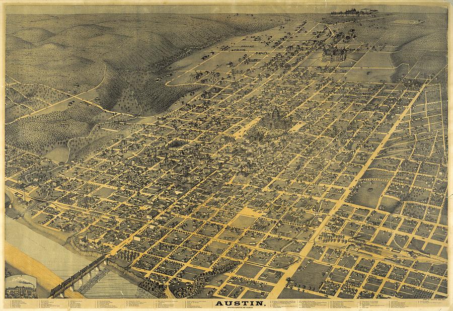 Antique Maps - Old Cartographic Maps - Antique Birds Eye View Map Of Austin, Texas, 1887 Drawing