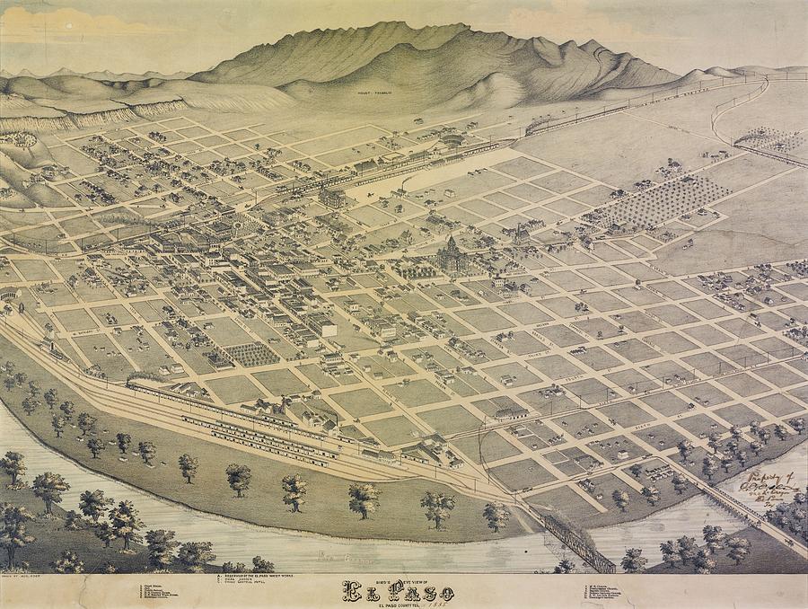 Antique Maps - Old Cartographic Maps - Antique Birds Eye View Map Of El Paso, Texas, 1885 Drawing