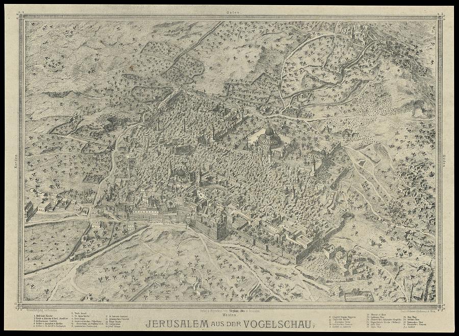 Antique Maps - Old Cartographic Maps - Antique Birds Eye View Map Of Jerusalem In German Drawing