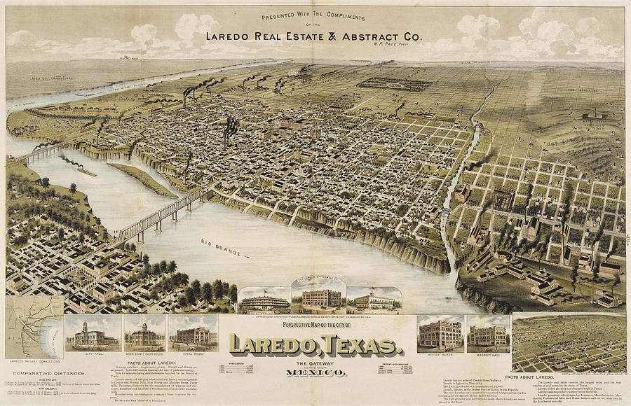 Antique Maps - Old Cartographic Maps - Antique Birds Eye View Map Of Laredo, Texas, Mexico, 1892 Drawing