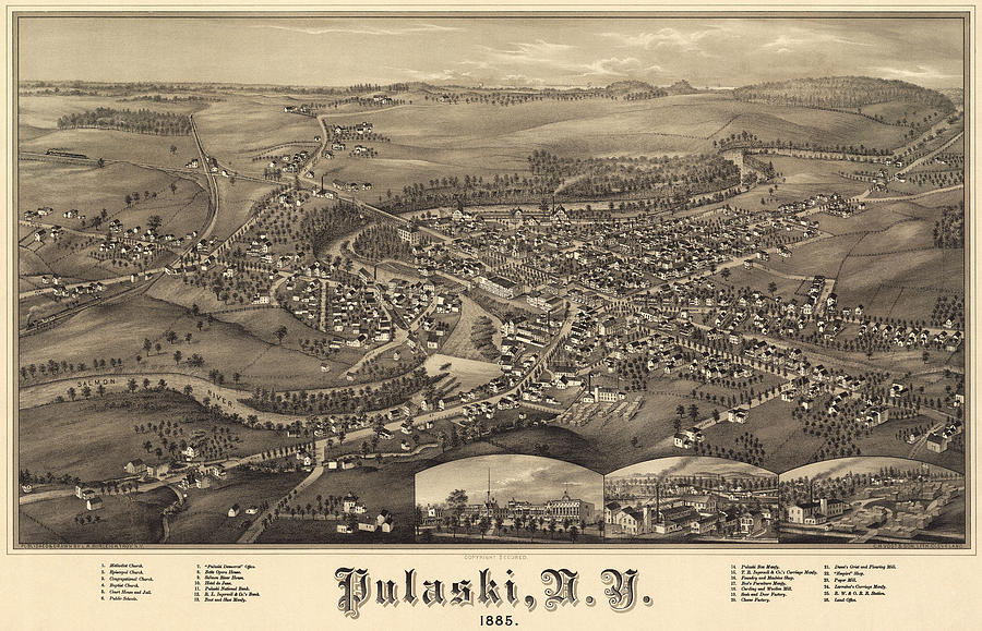 Antique Maps - Old Cartographic Maps - Antique Birds Eye View Map Of Pulaski, Tennessee, 1885 Drawing
