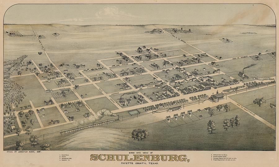 Antique Maps - Old Cartographic Maps - Antique Birds Eye View Map Of Schulenburg, Texas, 1881 Drawing