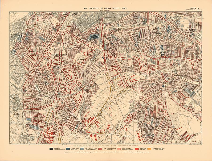 Antique Maps - Old Cartographic Maps - Antique Descriptive Map Of London Poverty, 1899 Drawing