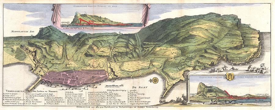 Map Drawing - Antique Maps - Old Cartographic maps - Antique Map and View of Gibraltar, 1720 - De La Feuille Map by Studio Grafiikka