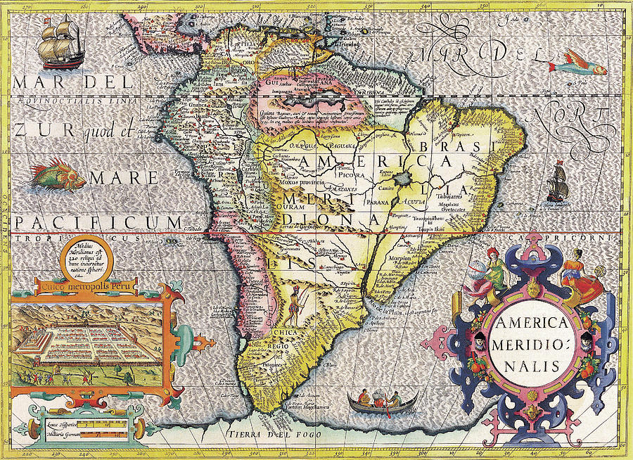 Antique Maps - Old Cartographic Maps - Antique Map Of South America, 1630 Drawing
