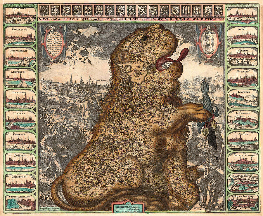 Antique Maps - Old Cartographic maps - Antique Map of Belgium - Leo Belgicus Drawing by Studio Grafiikka