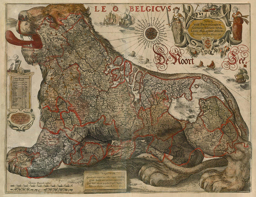 Antique Maps - Old Cartographic Maps - Antique Map Of Belgium - Leo Belgicus, 1630 Drawing