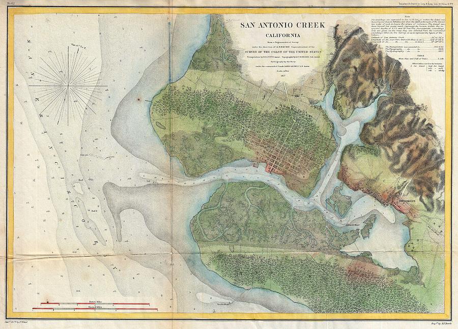 Oakland Drawing - Antique Maps - Old Cartographic maps - Antique Map of San Antonio Creek, California, 1857 by Studio Grafiikka