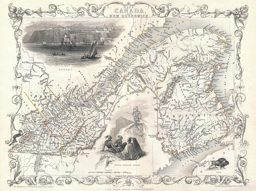Antique Maps - Old Cartographic maps - Antique Map of East Canada, Quebec, New Brunswick - 1850 Drawing by Studio Grafiikka
