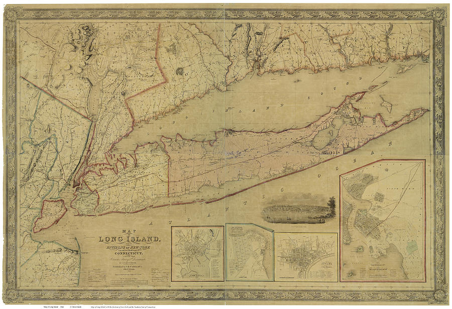 Antique Maps - Old Cartographic Maps - Antique Map Of Long Island, New York, Connecticut, 1844 Drawing