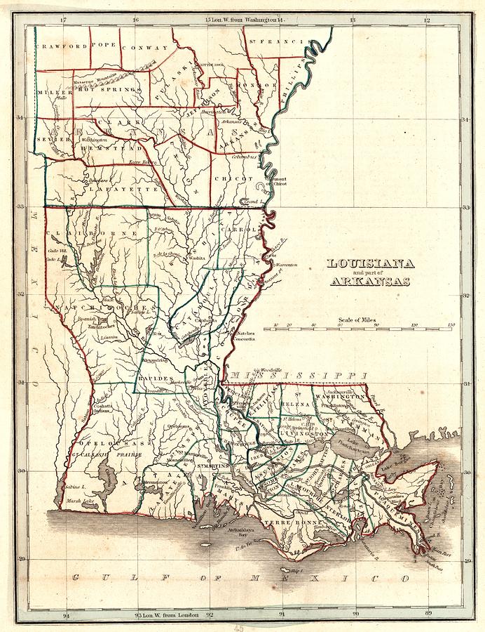 Louisiana Map Drawing - Antique Maps - Old Cartographic maps - Antique Map of Louisiana and Arkansas by Studio Grafiikka