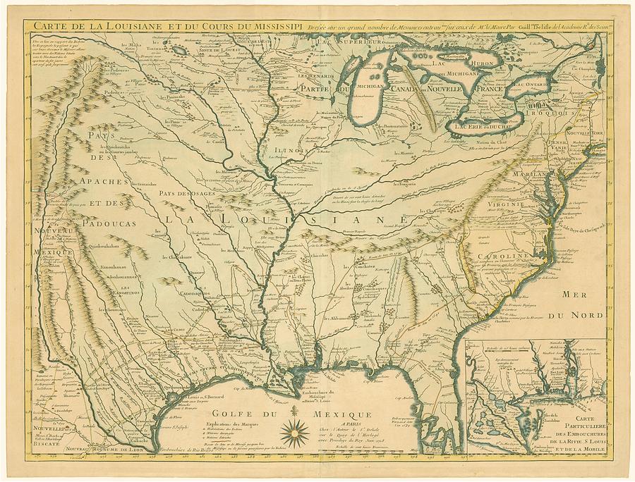 Antique Maps - Old Cartographic maps - Antique Map of Louisiana - Course of Mississippi, 1718 Drawing by Studio Grafiikka