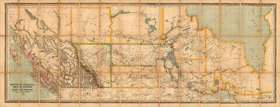 Map Drawing - Antique Maps - Old Cartographic maps - Antique Map of Manitoba, British Columbia, Kewaydin, 1883 by Studio Grafiikka