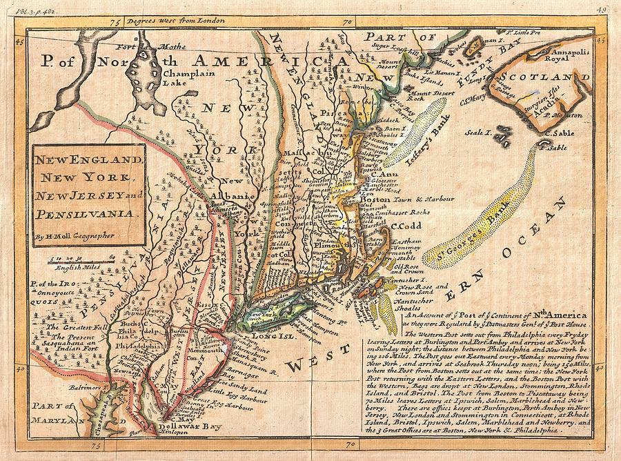 Map Drawing - Antique Maps - Old Cartographic maps - Antique Map of New York, New England and Pennsylvania, 1729 by Studio Grafiikka