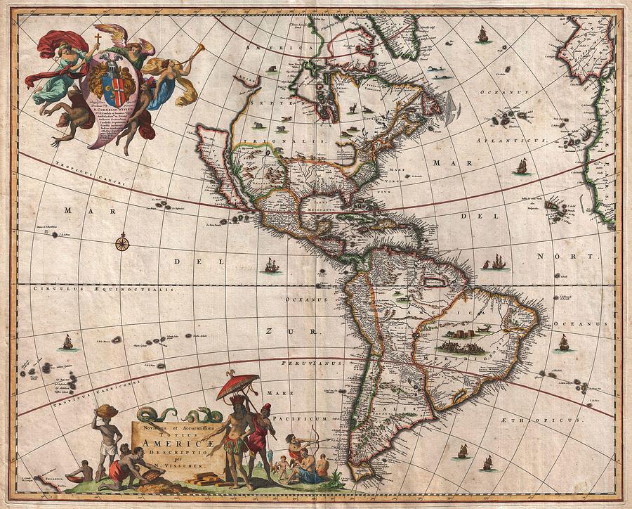 Old Maps Drawing - Antique Maps - Old Cartographic maps - Antique Map of North and South America, 1658 by Studio Grafiikka