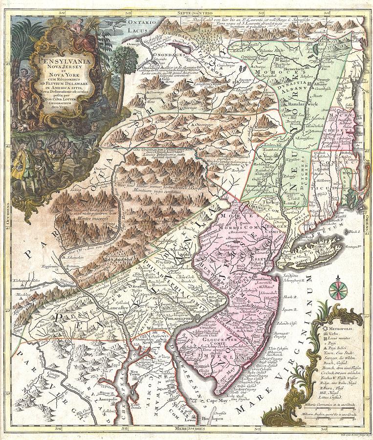 Antique Maps - Old Cartographic maps - Antique Map of Pennsylvania, New York and New Jersey, 1756 Drawing by Studio Grafiikka