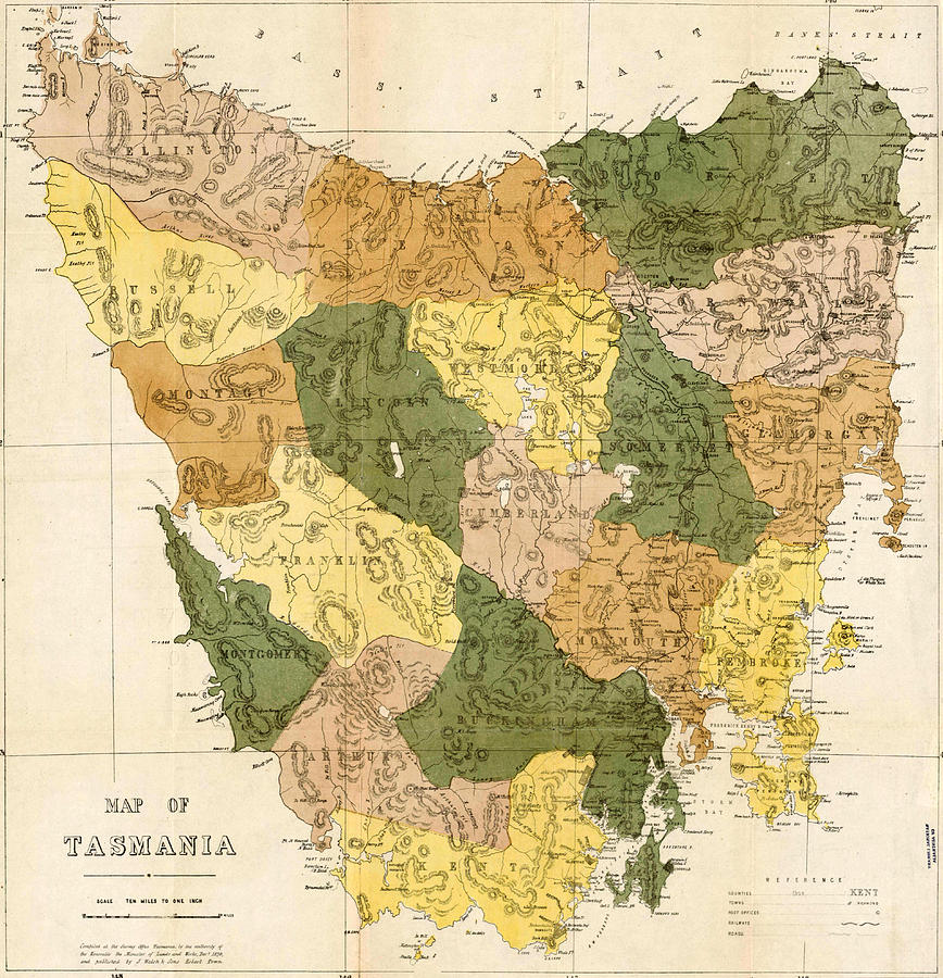 Map Drawing - Antique Maps - Old Cartographic maps - Antique Map of Tasmania, 1870 by Studio Grafiikka