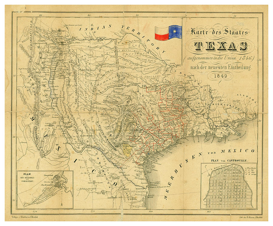 Antique Maps - Old Cartographic maps - Antique Map of Texas, 1849 Drawing by Studio Grafiikka
