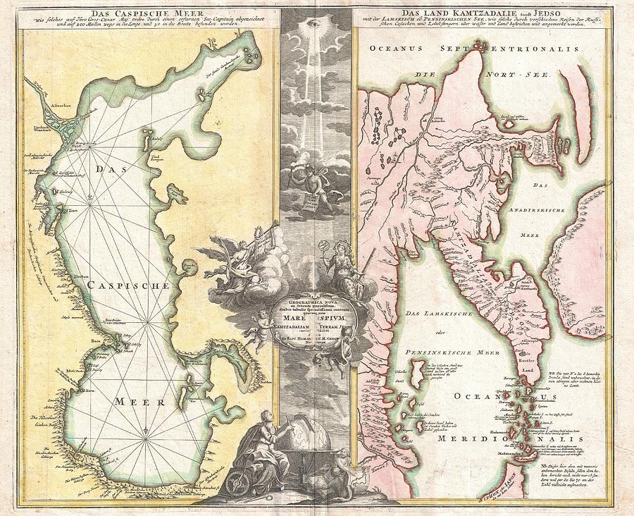 Kamchatka Peninsula Drawing - Antique Maps - Old Cartographic maps - Antique Map of the Caspian Sea and Kamchatka Peninsula, 1725 by Studio Grafiikka