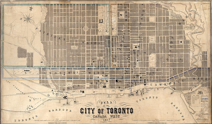 Antique Maps - Old Cartographic Maps - Antique Map Of The City Of Toronto, Canada, 1857 Drawing
