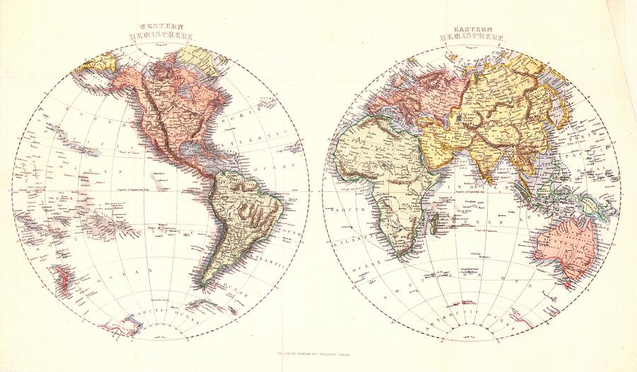Antique Maps - Old Cartographic Maps - Antique Map Of The Eastern And Western Hemisphere, 1850 Drawing