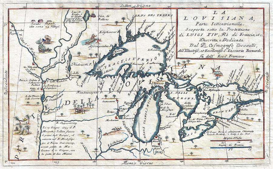 Antique Maps - Old Cartographic maps - Antique Map of the Great Lakes, 1696 Drawing by Studio Grafiikka
