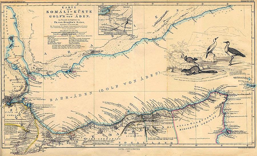 Vintage Drawing - Antique Maps - Old Cartographic maps - Antique Map of the Gulf of Aden, 1857 by Studio Grafiikka