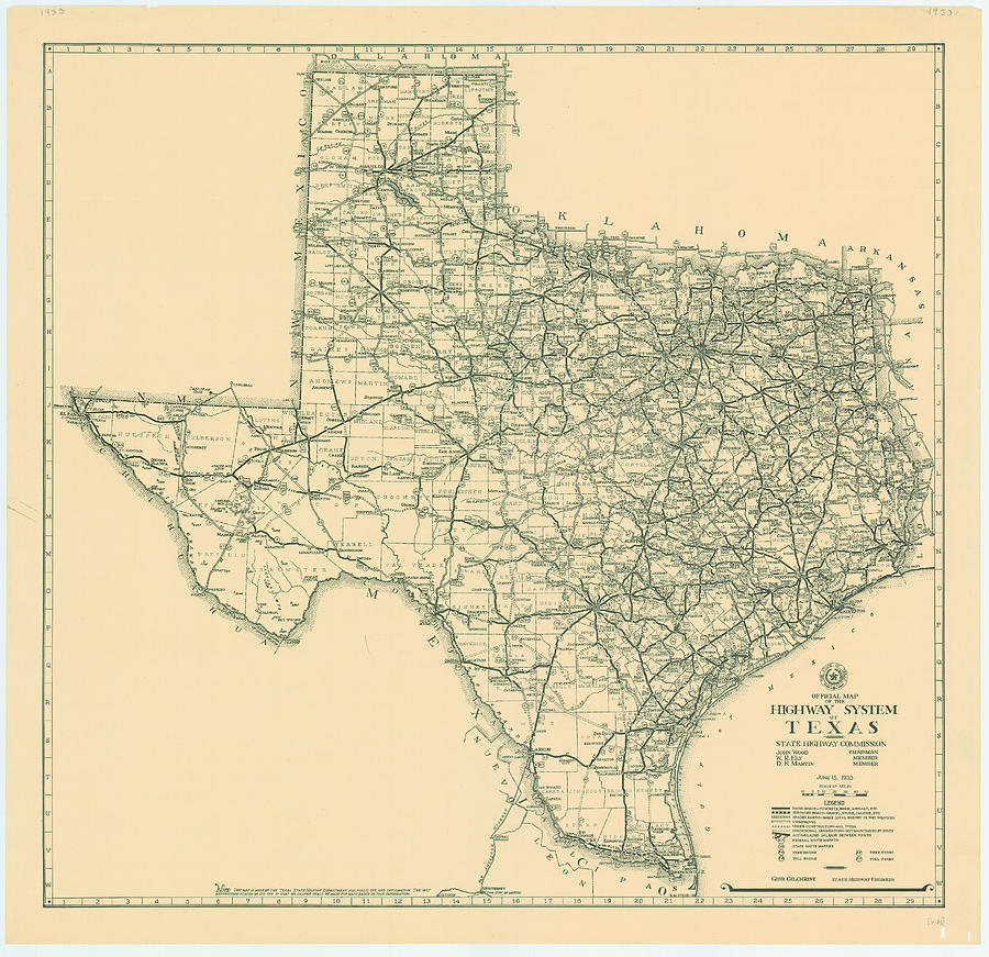 Antique Maps - Old Cartographic Maps - Antique Map Of The Highway System Of Texas, 1933 Drawing