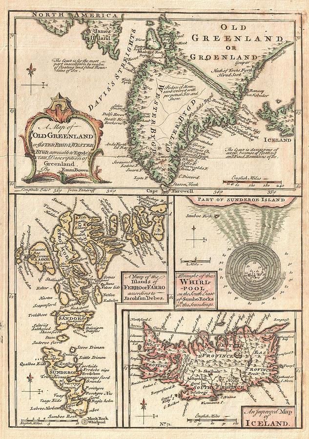 Antique Maps - Old Cartographic Maps - Antique Map Of The North Atlantic Islands, Greenland, 1747 Drawing